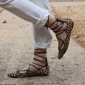 Zara fur lace up flat pointed toe leopard sandals